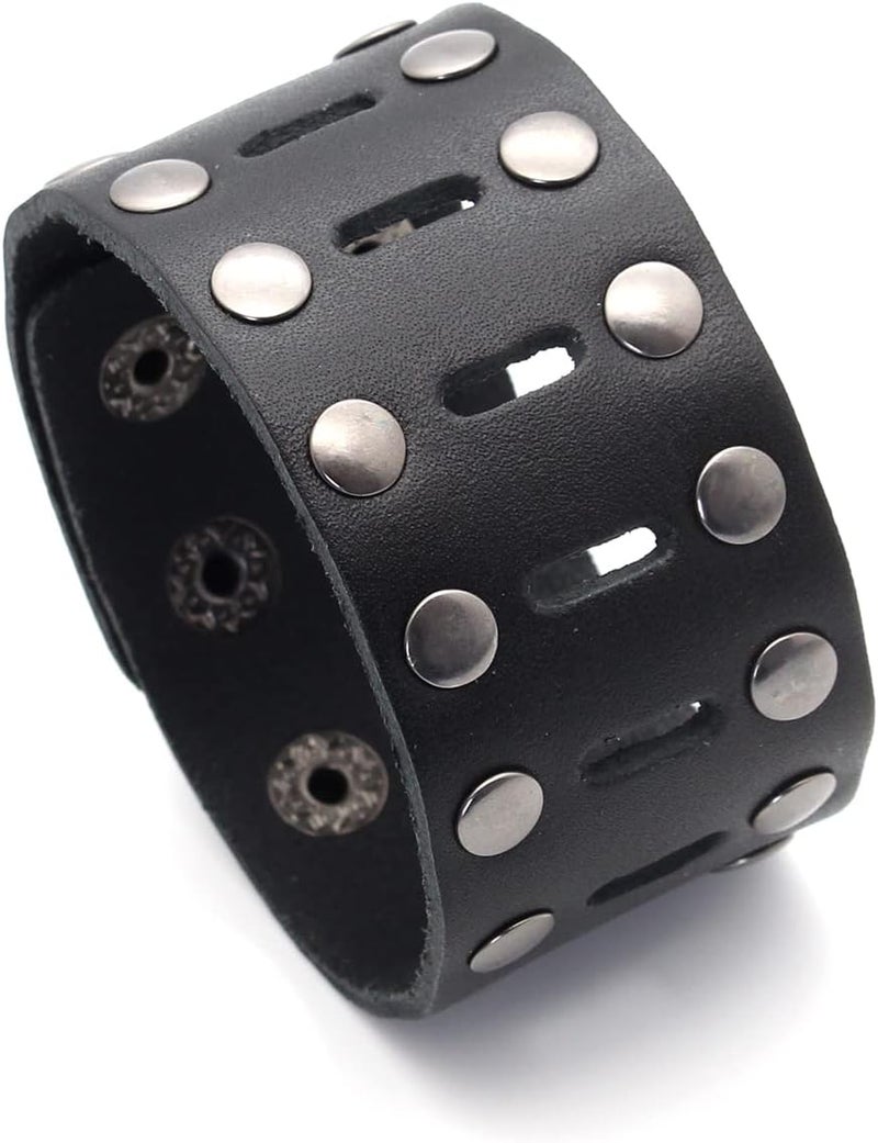 Fusamk Punk Rock Double Row Rivets Wristband Hollow Wide Leather Cuff Bracelet - Image 1